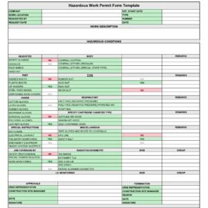 Hazardous Work Permit Template in Excel format showing a smart safety inspection form with automated conditional formatting and dropdown menus.