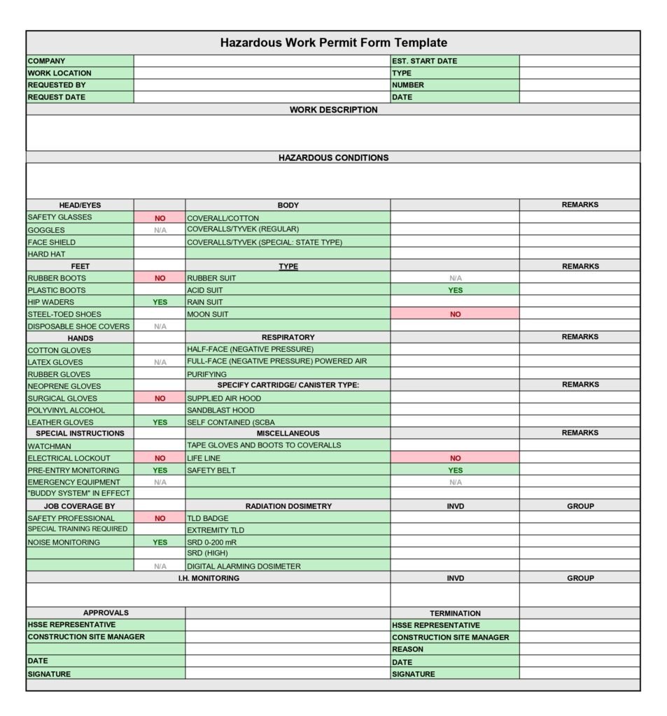 Hazardous Work Permit Template in Excel format showing a smart safety inspection form with automated conditional formatting and dropdown menus.
